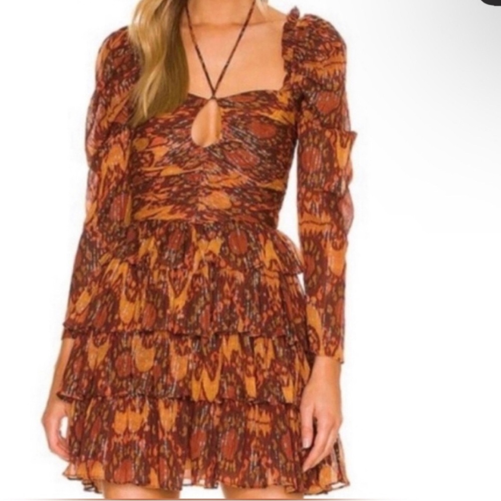 NWOT House of Harlow 1960 Dress Ikat Brown Metallic Patterned Ruffle Size Small